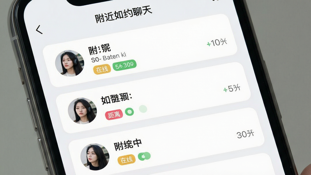 画面主体是一张手机截图风格的图片,展示“附近如约聊天”的用户列表界面。布局采用卡片式排列,每个卡片包含用户头像、昵称、距离和在线状态。风格清爽简洁,背景为淡灰色,卡片为白色圆角矩形。细节上突出“距离”与“在线”标签,画质干净明亮,无多余元素。图片中显示文字“附近如约聊天”。