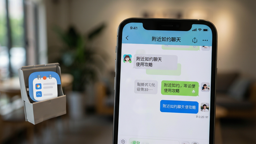 图片主体为一部手机屏幕特写,屏幕内显示“附近如约聊天”的聊天界面,背景为模糊的室内环境。布局上手机占据画面中央偏右,左侧有半开的应用抽屉图标。风格是写实摄影,细节上可以看到屏幕中的对话气泡和功能按钮。画质细腻,干净无多余元素,图片中文字为“附近如约聊天 使用攻略”。
