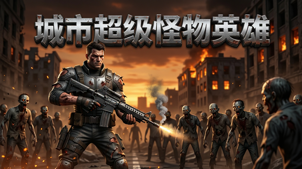 主体:城市超级怪物英雄游戏主视觉图,展示主角持枪站立于废墟街道中央,背景是成群逼近的僵尸与远处燃烧的楼宇,画面中央上方带有游戏名称“城市超级怪物英雄”艺术字。布局:主角位于画面中心偏左,右侧留白以突出尸潮压迫感,天空采用暗橙色黄昏色调。排版:游戏标题横排居中,字体为粗犷的机甲风格,带金属质感与磨损效果。风格:写实末日废土风,光影对比强烈,粒子效果模拟灰尘与火星。细节:主角战服有破损与污渍,枪口有硝烟,僵尸面部细节清晰,楼宇窗户透出火光。画质:8K超清,细腻纹理,干净无多余元素。