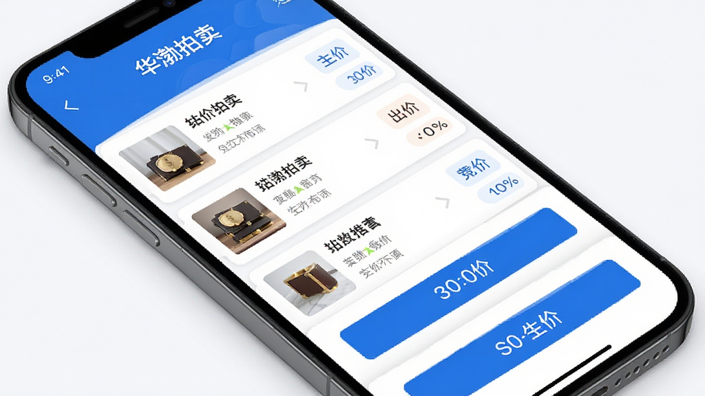 华渤拍卖App界面展示图,主体为手机屏幕截图,展示拍卖列表与竞价页面,布局清晰,采用蓝白主色调,风格简约商务,细节包括出价按钮与倒计时,画质高清干净,无多余元素