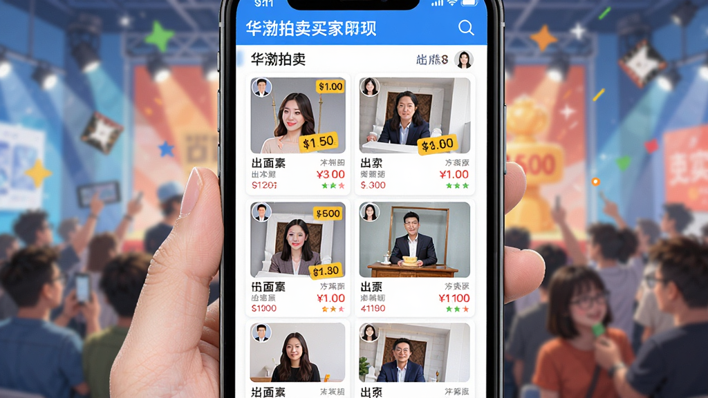华渤拍卖买家聚集的线上拍卖盛况图,主体为手机屏幕展示多件拍品与出价记录,布局为网格状拍品列表,风格活泼明快,细节包括价格标签与用户头像,画质高清无多余元素
