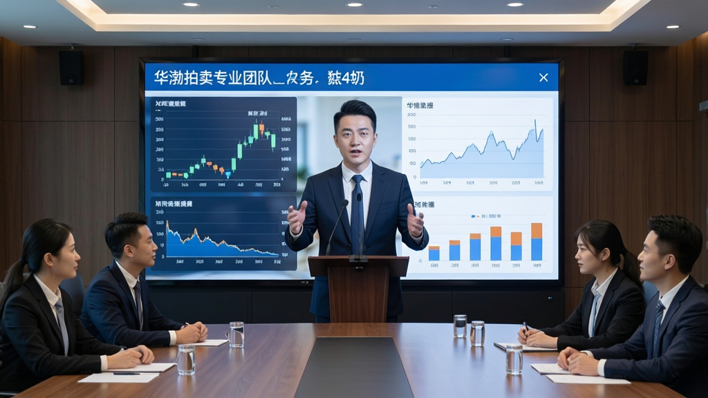 华渤拍卖专业团队工作场景图,主体为拍卖师主持线上拍卖,布局为会议室大屏幕展示竞价数据,风格正式专业,细节包括人员着装与屏幕图表,画质清晰干净,无多余元素