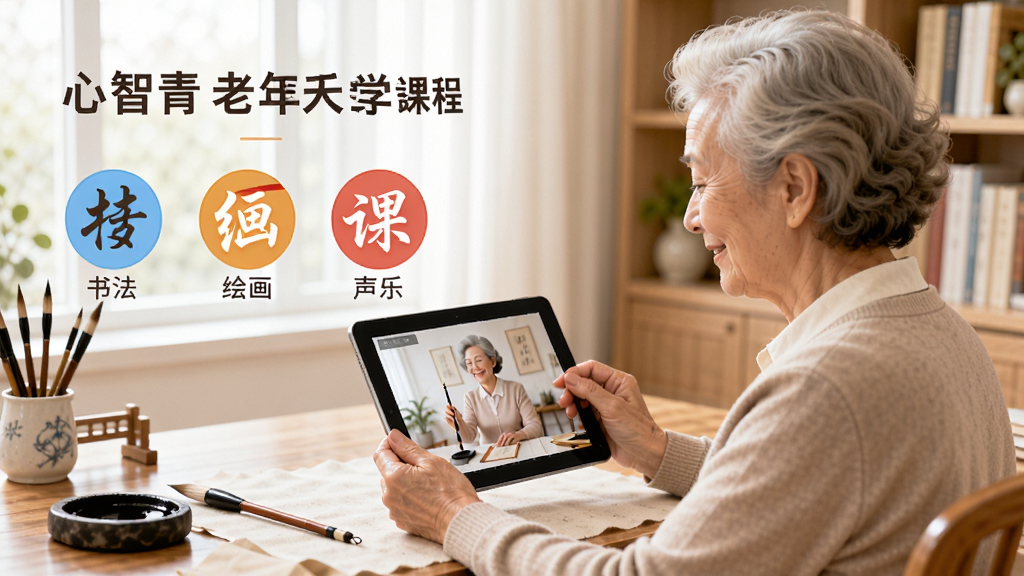心智青APP老年大学课程页面,展示书法、绘画、声乐等课程分类图标,界面清晰易用,配有一位老年女性正在用平板电脑观看教学视频的温馨画面,背景是明亮书房,桌上摆放笔墨纸砚,整体风格写实温暖,画质高清,干净整洁