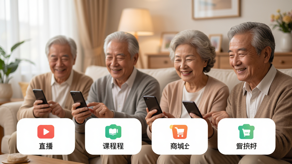 心智青APP主界面预览图,展示温暖明亮的社区氛围,界面采用大字体、高对比度设计,包含直播、课程、商城、积分等核心功能入口,背景为温馨家庭客厅场景,有几位笑容满面的中老年用户正在使用手机,整体风格亲切友好,色彩柔和,画质干净,无多余元素