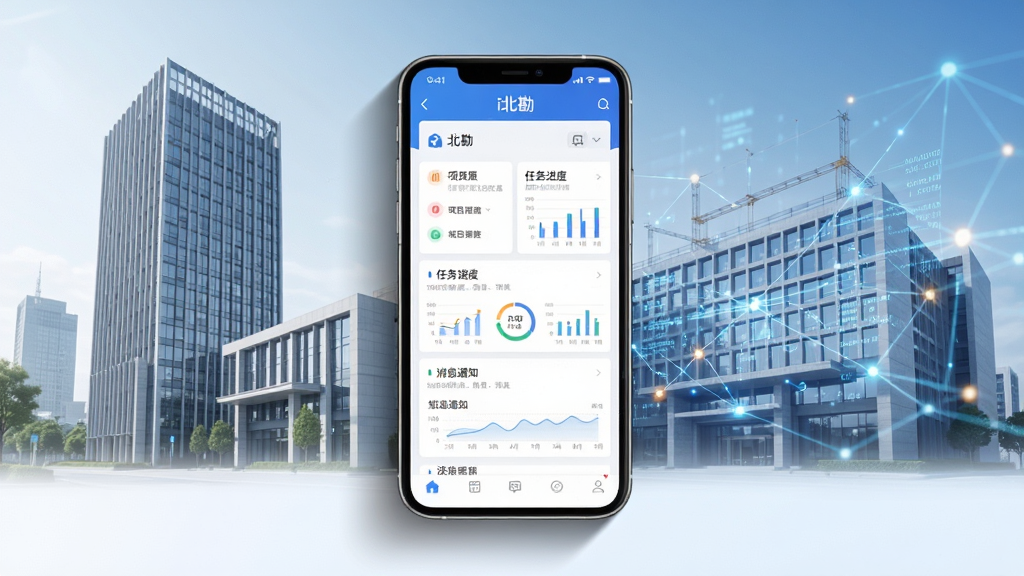 现代商务风格的主视觉图,主体为智能手机屏幕展示“i北勘”App界面,界面清晰显示项目列表、任务进度、消息通知等模块,背景为城市勘察设计院建筑与数据网络元素融合,布局居中,排版简洁,风格专业明亮,细节包括手机阴影与界面数据图表,画质高清干净,无多余元素