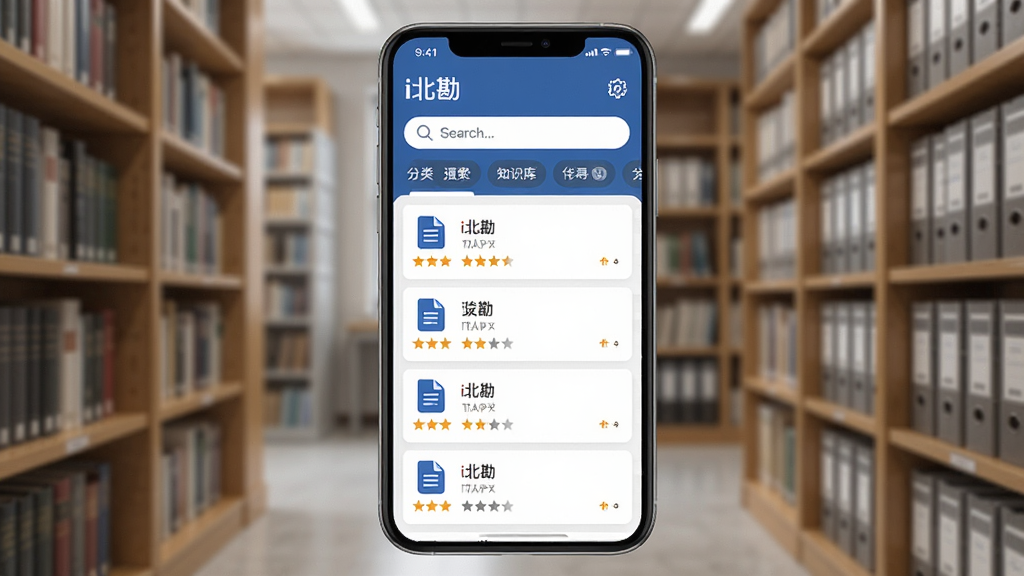 展示“i北勘”App知识库界面,屏幕上显示文档列表、搜索框和分类标签,背景为书架或资料室元素,手机居中,排版有序,风格商务,细节包括文件图标与星级评分,画质干净专业