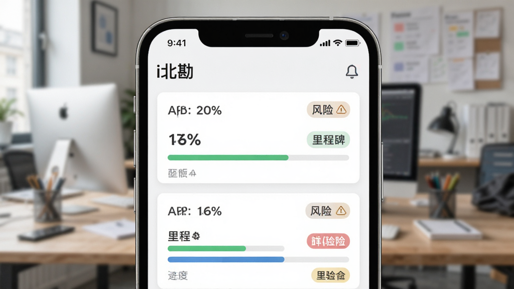 展示“i北勘”App项目看板功能的界面截图,屏幕上有多个项目卡片,显示进度条、里程碑和风险标识,背景为工作场景,布局为手机居中特写,排版清晰,风格写实,细节包括进度百分比与彩色标签,画质干净无多余元素