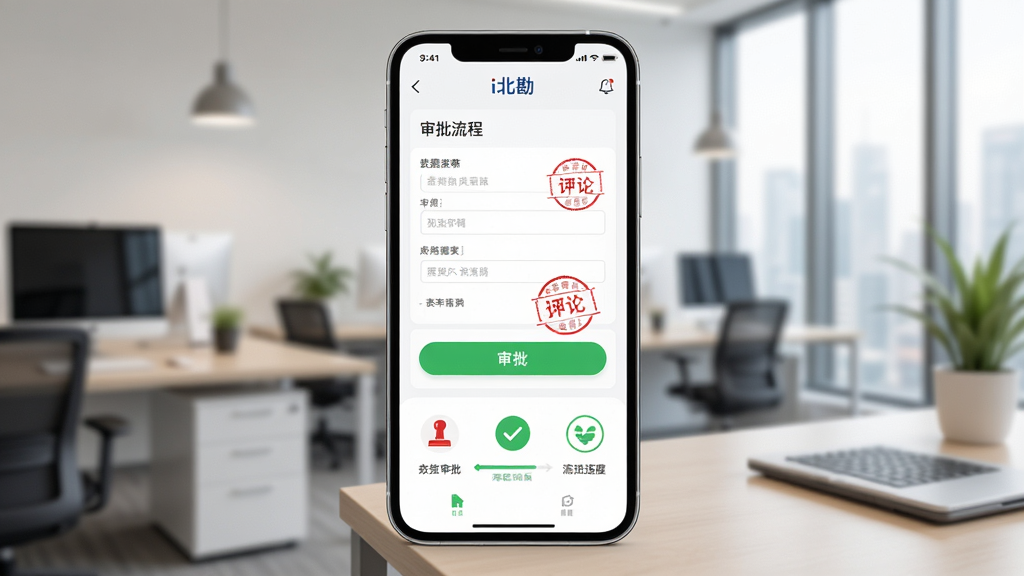展示“i北勘”App审批流程的界面,屏幕上有表单填写、审批按钮和流程进度,背景为办公室环境,手机居中,排版简洁,风格清新,细节包括红色审批印章与绿色通过标志,画质高清干净