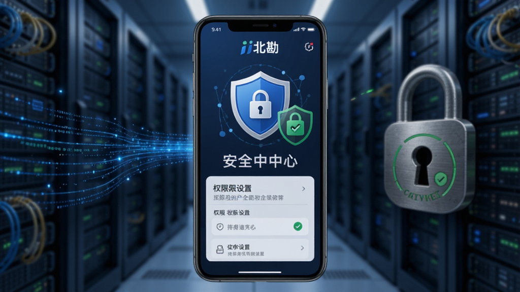 展示“i北勘”App安全中心的界面,屏幕上有安全盾牌图标、加密标识与权限设置选项,背景为数据机房或锁形图案,手机居中,风格稳重,细节包括蓝色数据流与绿色安全认证,画质干净无多余元素