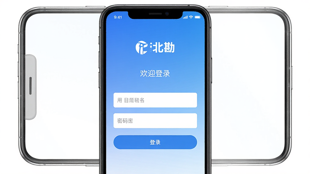展示“i北勘”App登录界面的截图,屏幕上有用户名和密码输入框以及登录按钮,背景为简约渐变蓝色,手机居中,排版居中,风格干净,细节包括企业Logo与“欢迎登录”字样,画质高清无多余元素