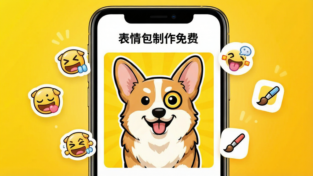 画面中央展示一部手机,屏幕中显示“表情包制作免费”应用界面,界面上一只柯基犬照片正在被卡通化处理,周围漂浮着各种表情贴纸和画笔工具图标,背景为明亮的黄色渐变,整体风格活泼可爱,卡通插画风格,排版简洁干净,画质清晰,无多余元素。