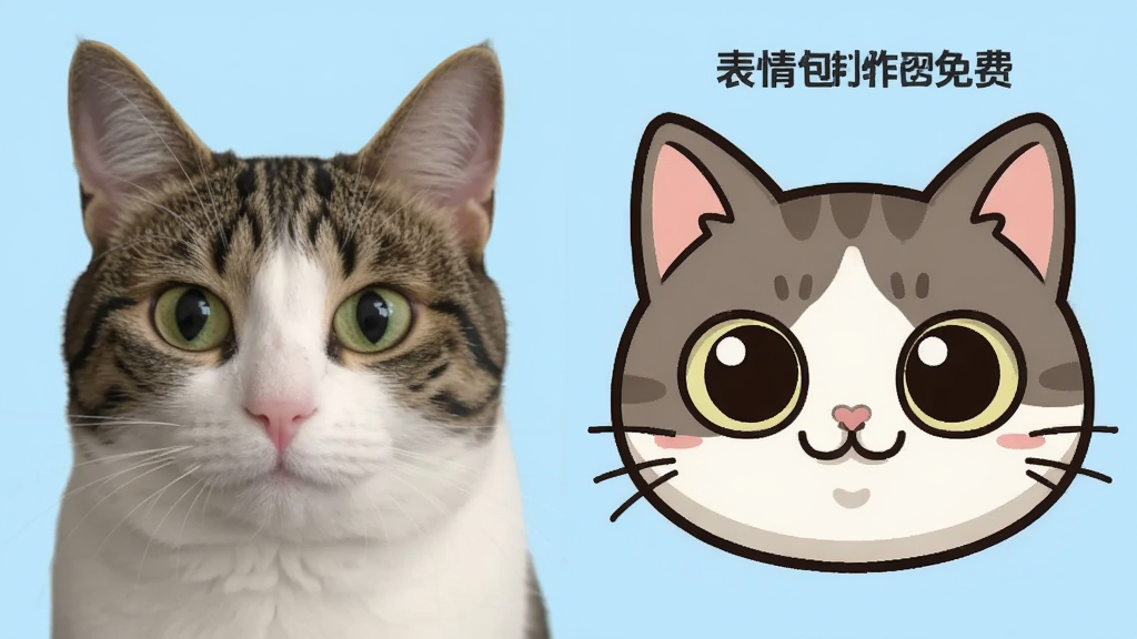 一张对比图,左侧是真实宠物猫照片,右侧是经过“表情包制作免费”软件卡通化后的萌猫头像,两者并排展示,风格为扁平化插画,背景浅蓝色,排版左右对称,细节精致,画质干净。