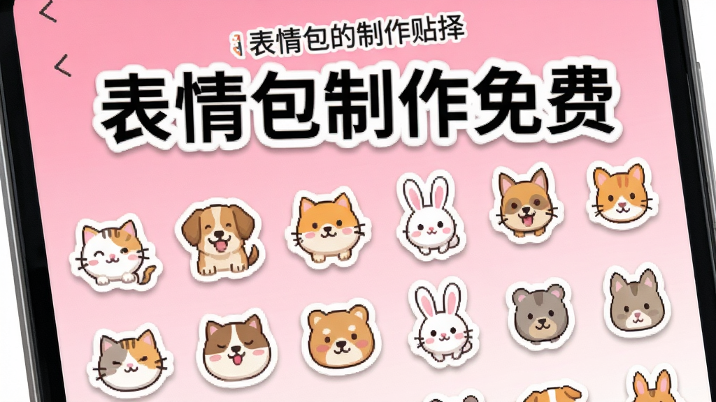 屏幕上展示“表情包制作免费”的贴纸选择界面,下方排列多排不同风格的动物贴纸图标,有猫咪、狗狗、兔子等,界面采用网格布局,背景为粉色渐变,整体明亮清晰,带柔和阴影,干净无多余元素。