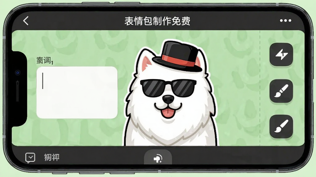 手机屏幕上显示“表情包制作免费”的编辑界面,一只萨摩耶犬的卡通形象戴着墨镜和礼帽,旁边有文字输入框和画笔工具图标,背景为淡绿色,界面整洁,操作按钮清晰可见,画质高清。