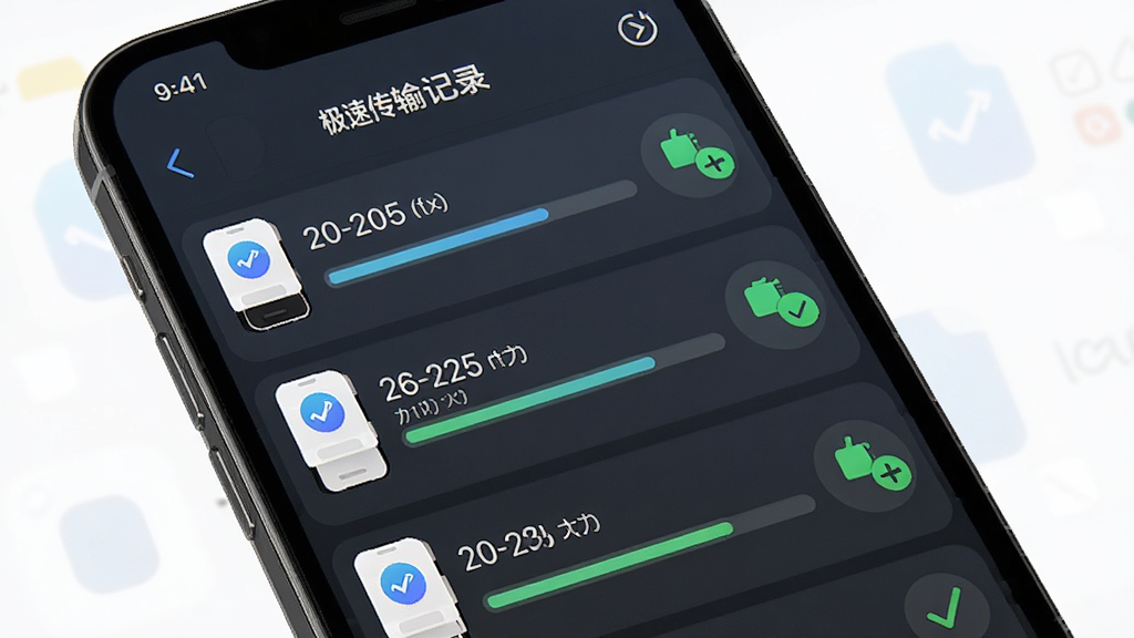 手机搬家换机极速传输记录与进度界面,主体为手机屏幕展示任务列表,每个任务带有进度条和状态图标,布局为纵向排列,风格清爽,细节包含时间戳、文件大小和完成标记,画质高清,干净无多余元素