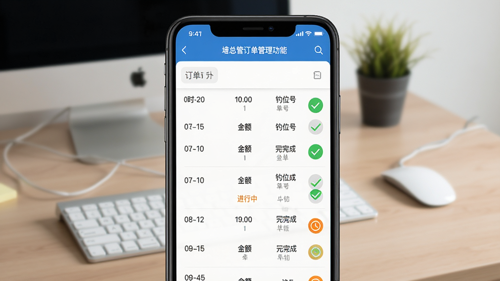 塘总管订单管理功能截图,手机界面显示订单列表,包括时间、金额、钓位号,绿色对勾表示已完成,橙色时钟表示进行中,背景为简洁办公桌面,画质清晰,无多余元素