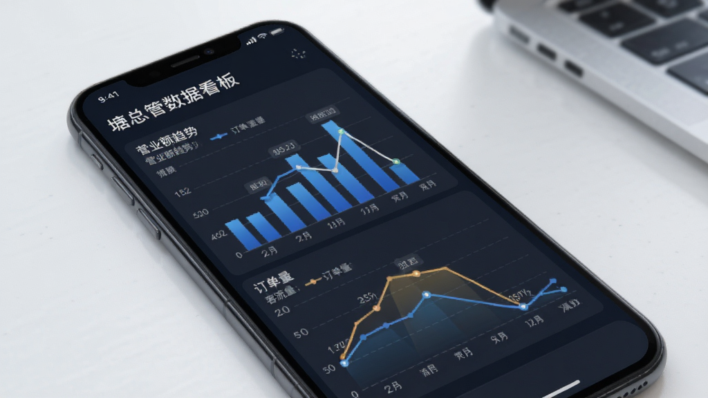 塘总管数据看板图表,手机界面展示柱状图和折线图,显示营业额趋势、订单量、客流量等数据,背景为深色商务风格,数据清晰,画质高清,无多余元素
