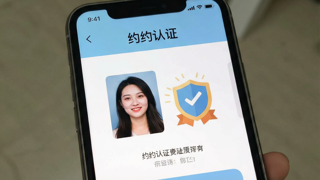 一张展示手机应用内真人认证流程的界面截图,主体为清晰的“约约”认证页面,包含用户照片与认证徽章,布局扁平化,风格简洁现代,细节突出安全盾牌图标,画质清晰,干净无杂乱元素,文字“约约认证”醒目显示