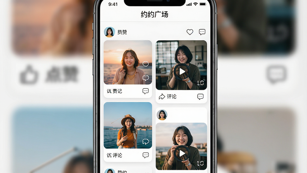 一张展示应用内动态广场的界面设计图,主体是用户发布的精美图片与短视频卡片,布局为瀑布流形式,风格清新明快,细节包含点赞和评论的互动图标,画质高清,干净无多余元素,文字“约约广场”置于顶部