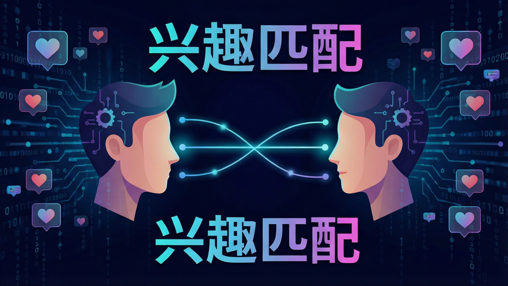 一幅展示人工智能匹配交友场景的抽象插画,主体是两个风格化的人物头像通过发光的线条连接,背景是数据流与爱心图标,布局对称,风格科技感,细节丰富,画质清晰,干净无多余元素,文字“兴趣匹配”以渐变字体呈现