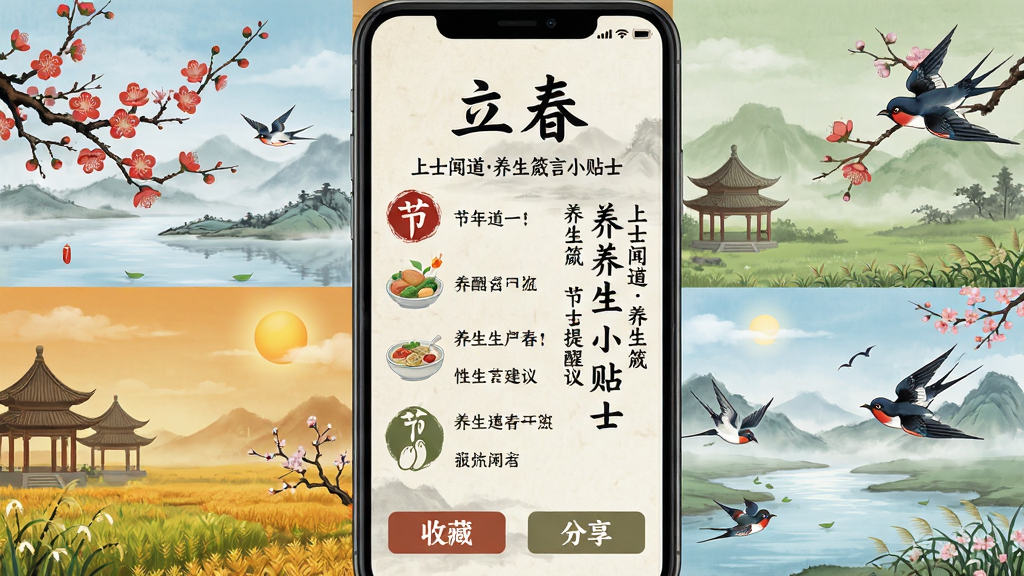 主体:手机界面展示“上士闻道养生箴言小贴士”的节气提醒页面,背景为四季风景拼图,上方显示“立春”字样,下方有养生建议列表。布局:左侧为节气图标,右侧为文字说明,底部有“收藏”和“分享”按钮。排版:文字竖排,古风字体。风格:淡雅水墨画风。细节:有梅花、燕子等春季元素。画质:高清,画面干净。