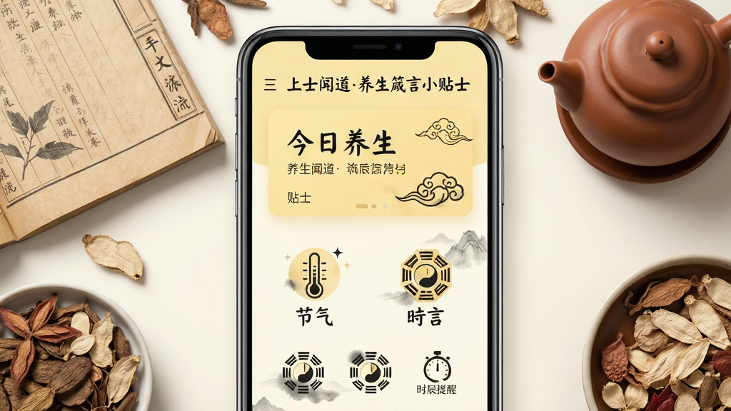 主体:手机屏幕展示“上士闻道养生箴言小贴士”主界面,界面风格古风与现代结合,主色调为淡黄色和米白色,顶部显示“今日养生”卡片,下方有节气、时辰提醒图标。布局:居中构图,手机屏幕占据画面主要位置,周围环绕中医古籍、药材、茶壶等元素。排版:界面文字清晰,有“上士闻道养生箴言小贴士”字样。风格:国风水墨与现代扁平化结合。细节:界面图标精致,有云纹、八卦等元素。画质:高清渲染,干净无多余元素。