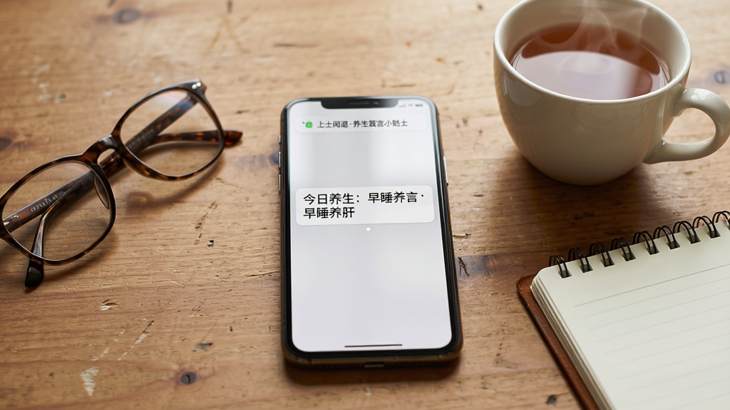 主体:一部智能手机平放在桌面上,屏幕显示“上士闻道养生箴言小贴士”的提醒通知,背景为木质桌面和一杯热茶。布局:手机居中,旁边放有老花镜和记事本。排版:通知栏显示“今日养生:早睡养肝”字样。风格:温馨生活化。细节:光线柔和,画面有质感。画质:高清,干净无杂物。