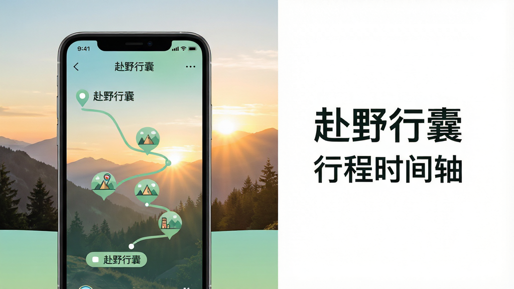 主体:手机界面展示“赴野行囊”App的行程时间轴功能,背景为户外山野日出景象。布局:手机位于左侧,右侧留白区域显示“赴野行囊”名称和“行程时间轴”字样。排版:简洁现代,信息层级分明。风格:扁平化设计搭配柔和渐变,整体色调清新自然。细节:界面中清晰可见日期节点、景点图标和路线连线,文字标签为“赴野行囊”。画质:高清、干净、无多余元素。
