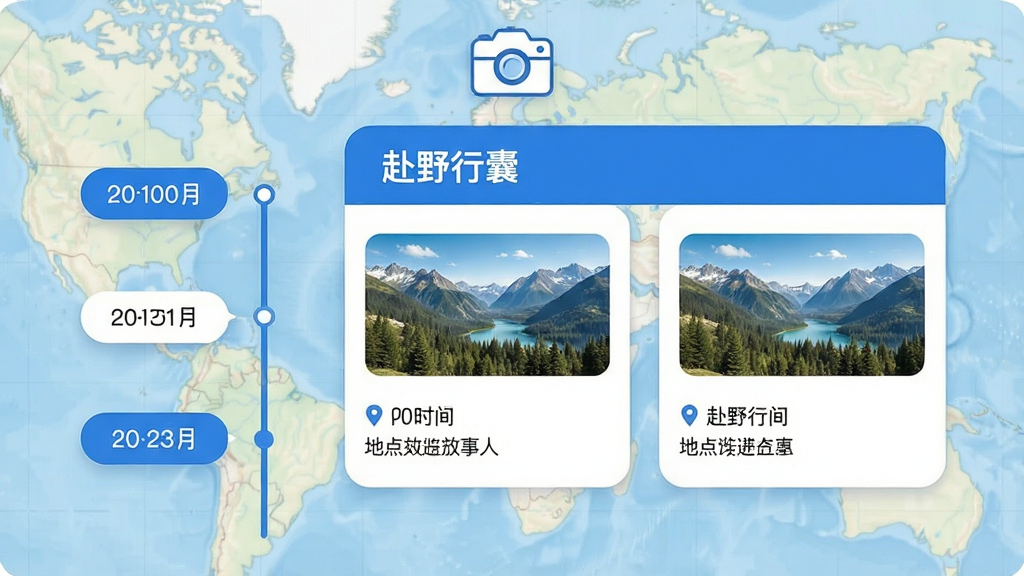 主体:展示“赴野行囊”行程时间轴功能界面,背景为旅行地图和相机图标。布局:时间轴居中,左侧为日期标签,右侧为内容卡片。排版:卡片式布局,圆角设计,信息清晰。风格:清爽商务风,蓝白主色调。细节:卡片内包含景点缩略图、时间、地点名称,顶部标题“赴野行囊”。画质:高清、干净、无多余元素。