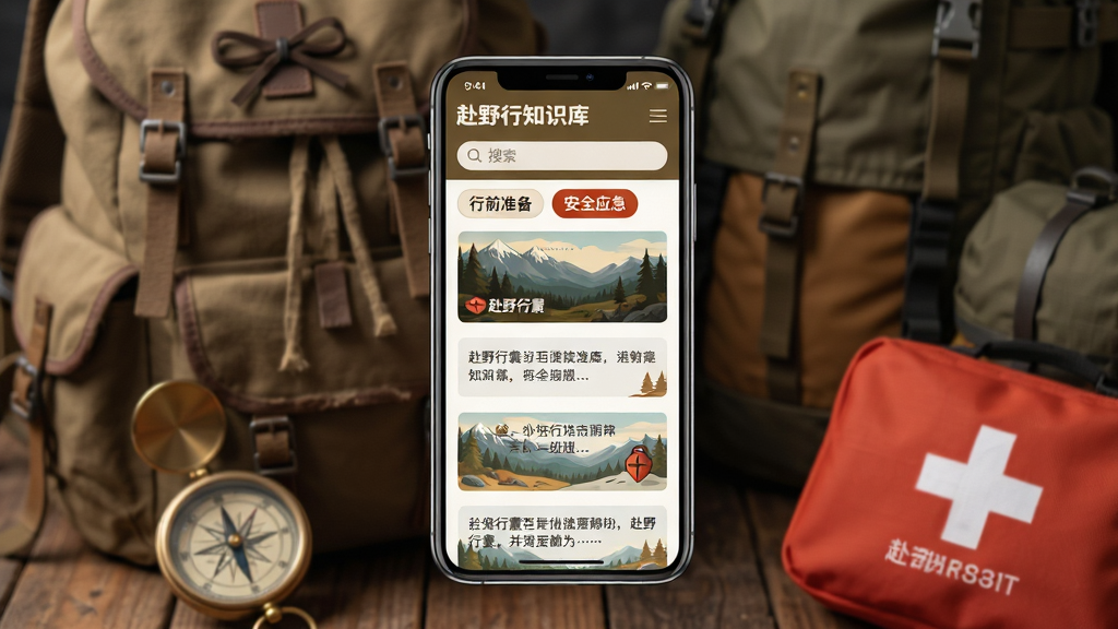 主体:展示“赴野行囊”知识库界面,背景为背包、指南针、急救包等户外装备。布局:中央为手机屏幕,屏幕内显示文章列表和分类标签。排版:图文结合,简洁有序。风格:户外探险风,色彩温暖。细节:屏幕顶部有搜索框,下方分类标签如“行前准备”、“安全应急”,文字为“赴野行囊”。画质:高清、干净、无多余元素。