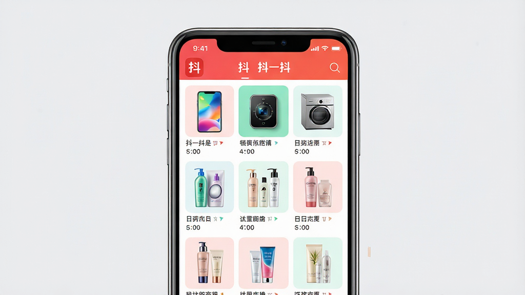 一幅展示抖一抖购物商城应用界面的高清概念图,画面中央是一部智能手机,屏幕中显示商品瀑布流,涵盖手机、数码、家电、日化、护肤等品类,界面色彩明亮,布局清晰,背景为简洁的浅灰色,突出“抖一抖”品牌标识,整体风格现代、干净、无多余元素,画质细腻。