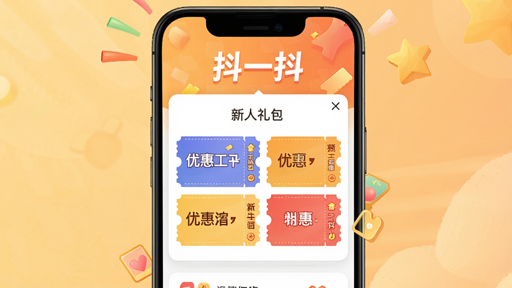 一张展示抖一抖APP新人礼包界面的示意图,画面中手机屏幕上显示“新人礼包”弹窗,内含多张优惠券卡片,色彩鲜艳,背景为暖色调,突出“抖一抖”字样,布局简洁,画质高清,干净无多余元素。