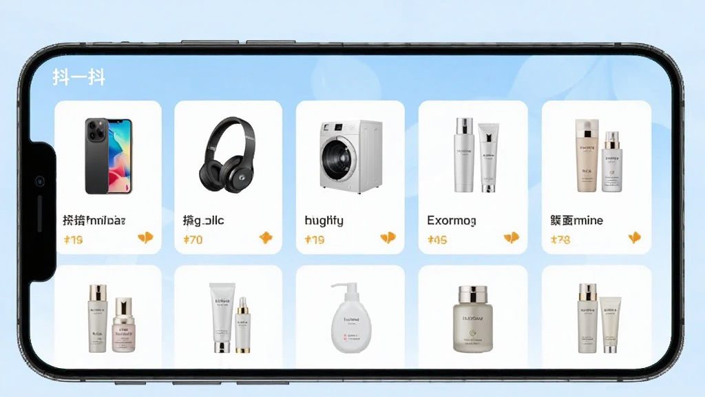 一张展示抖一抖APP商品列表页的示意图,手机屏幕中整齐排列各类商品缩略图,包括手机、耳机、家电、护肤品等,界面采用卡片式布局,背景为淡蓝色,整体风格清新自然,突出“抖一抖”品牌名,画质干净,无杂乱元素。