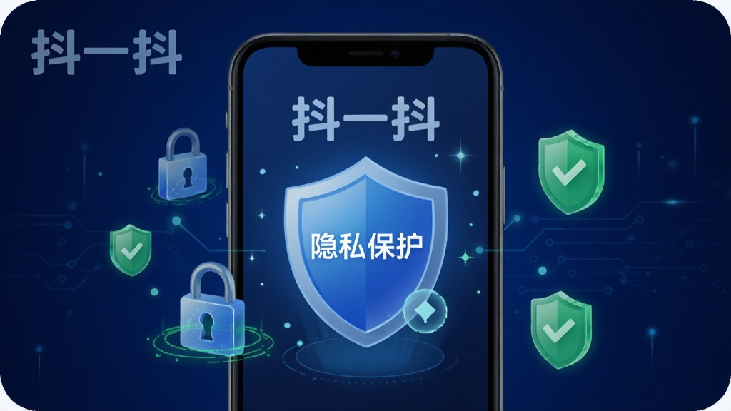 一张展示抖一抖APP隐私保护功能的示意图,画面中手机屏幕显示“隐私保护”盾牌图标,周围环绕加密锁和绿色安全标识,背景为深蓝色,科技感强,突出“抖一抖”品牌名,画质细腻,干净无多余元素。