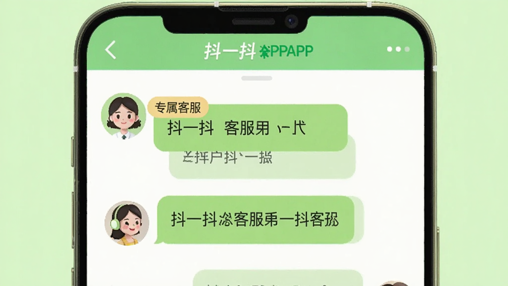 一张展示抖一抖APP客服聊天界面的示意图,手机屏幕中显示用户与客服的对话气泡,客服头像旁有“专属客服”标签,界面风格温馨友好,背景为浅绿色,突出“抖一抖”品牌标识,画质清晰,无多余元素。