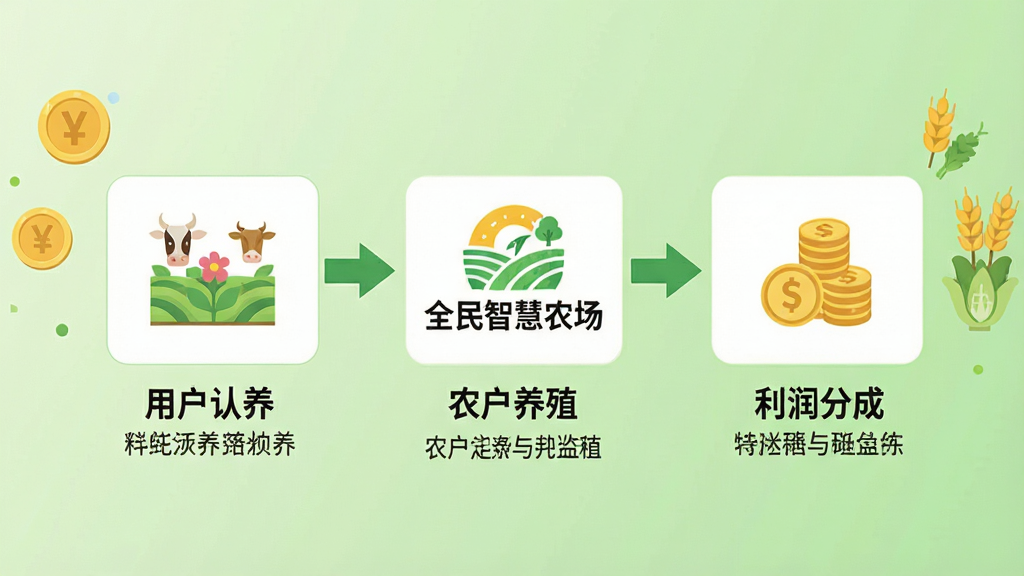 画面主体为一张简洁的收益分配流程图,中心有“全民智慧农场”Logo。流程图分为三块:用户认养、农户养殖、利润分成,用箭头连接。背景为浅绿色渐变。布局为流程图居中,左右两侧有金币和农作物图标点缀。排版清晰,风格为信息图表风格,扁平化设计。细节需在每块下方标注简要文字。画质高清,干净,无多余元素。
