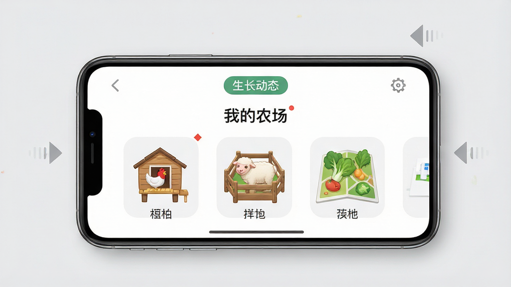 画面主体为智能手机横屏界面,显示“全民智慧农场”App的“我的农场”页面,页面中有鸡舍、羊圈和菜地图标。背景为简洁的浅灰色。布局为手机居中,屏幕内容清晰可辨,周围有少量操作提示箭头。排版整洁,风格为写实与UI界面结合。细节需在屏幕顶部显示“生长动态”标签。画质高清,干净,无多余元素。