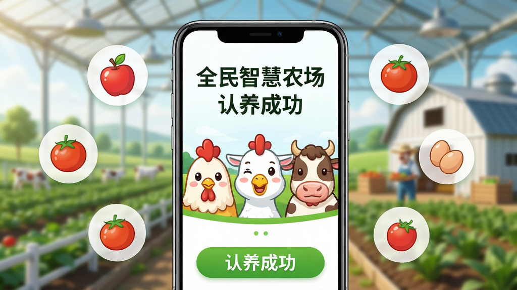 画面主体为智能手机屏幕特写,屏幕显示“全民智慧农场”认养成功页面,有卡通鸡鸭牛羊头像。背景是模糊的现代化农场实景。布局为手机居中,四周有飘浮的农产品图标如苹果、番茄、鸡蛋。排版简洁,风格为科技感与田园风结合,色彩明亮。细节需在手机屏幕下方显示“认养成功”字样。画质高清,干净,无多余元素。
