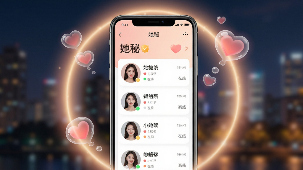 主体:一款名为“她秘”的社交APP界面,手机屏幕展示同城交友列表,有男女用户头像和在线状态。布局:手机居中,屏幕内容清晰可见,周围有柔和的光晕和爱心气泡点缀。排版:简洁现代,UI设计美观,图标精致。风格:清新浪漫,暖色调,符合交友氛围。细节:屏幕上有“她秘”字样,名字旁有认证标签,背景是模糊的城市夜景。画质:高清,干净,无多余元素。
