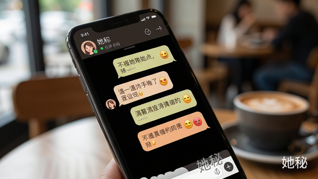主体:手机屏幕展示她秘APP的文字聊天界面,对话气泡中有温馨的文字和表情符号。布局:手机略微倾斜,屏幕正面展示,背景是模糊的咖啡馆环境。排版:聊天界面清晰,气泡样式柔和,色彩温暖。风格:真实自然,生活化场景。细节:聊天顶部显示对方昵称和在线状态,输入框有“她秘”水印。画质:高清,干净,无多余元素。