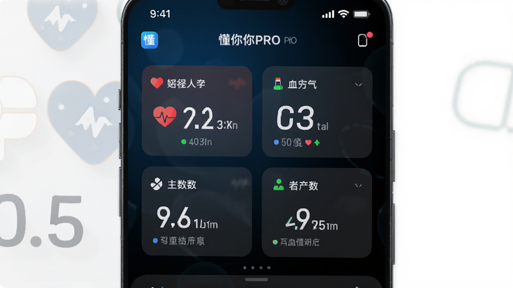 一张展示懂你PRO应用主界面的高清截图,界面以深色科技风为主,中央显示心率、血氧、步数等核心数据卡片,数字清晰醒目,背景为渐变蓝黑色,整体布局简洁大气,画质干净,无多余元素