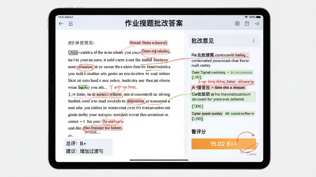 主体:“作业搜题批改答案”作业批改功能界面,展示一篇英语作文被AI批改,有红色批注和评分。布局:平板电脑横放,屏幕占据画面中央,左侧是作文原文,右侧是批改意见和评分。排版:批注清晰,用不同颜色区分错误类型和修改建议。风格:教育风格,简洁专业。细节:作文下方有“总评:B+”和“建议:增加过渡句”等文字。画质:高清,干净无多余元素。