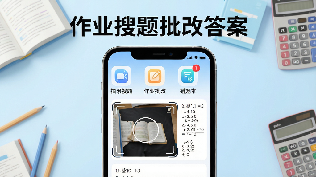 主体:智能手机屏幕展示“作业搜题批改答案”APP界面,界面中有清晰的拍照搜题、作业批改、错题本功能图标。布局:手机居中,屏幕内容放大显示,背景为柔和的浅蓝色渐变,四周有书本、铅笔、计算器等学习元素点缀。排版:界面整洁,功能图标排列有序,上方有醒目的APP名称“作业搜题批改答案”。风格:现代科技感与教育温馨感结合,明亮清晰。细节:屏幕内有一道数学题被拍照识别,旁边显示解题步骤,错题本图标有红色数字角标。画质:高清渲染,干净无多余元素。