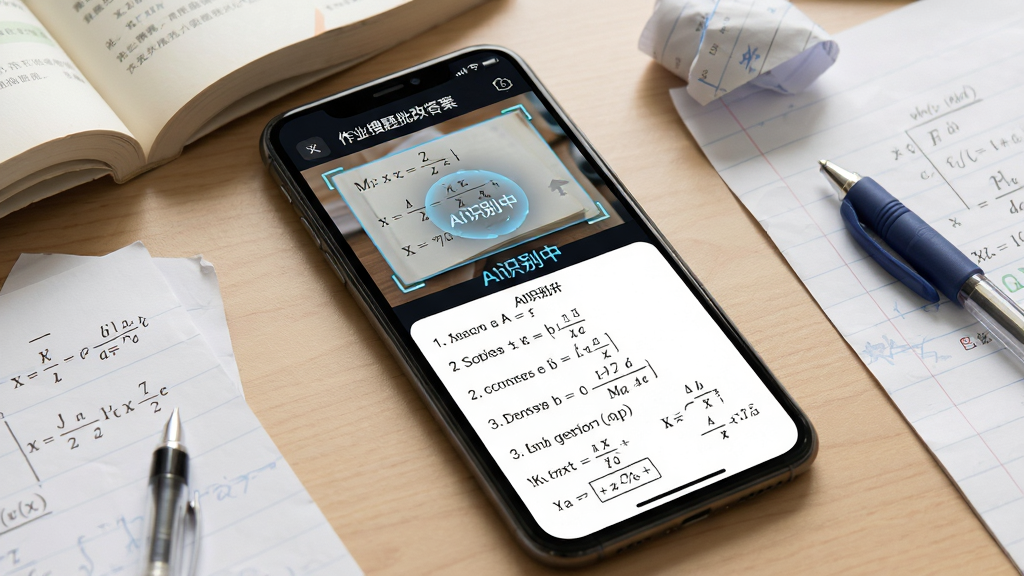 主体:“作业搜题批改答案”APP拍照搜题功能预览,手机屏幕显示数学题被框选识别,下方弹出详细解题步骤。布局:手机斜放于桌面,屏幕朝上,周围散落课本、草稿纸和笔。排版:屏幕内上方是题目照片,下方是分步解析文字,清晰可读。风格:真实场景拍摄感,光线明亮柔和。细节:屏幕上有“AI识别中”动画效果,解析文字中包含公式和图形。画质:4K高清,干净无多余元素。