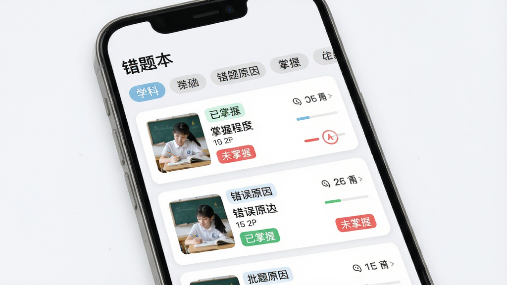 主体:“作业搜题批改答案”错题本界面,列表显示各科错题,每个条目有学科标签和错题原因。布局:手机竖屏界面,顶部有“错题本”标题,下方是分类标签栏和错题卡片。排版:卡片式布局,错题缩略图、错误原因、掌握程度一目了然。风格:清新简约,色彩柔和。细节:卡片上有“已掌握”绿色标签和“未掌握”红色标签。画质:高清,干净无多余元素。