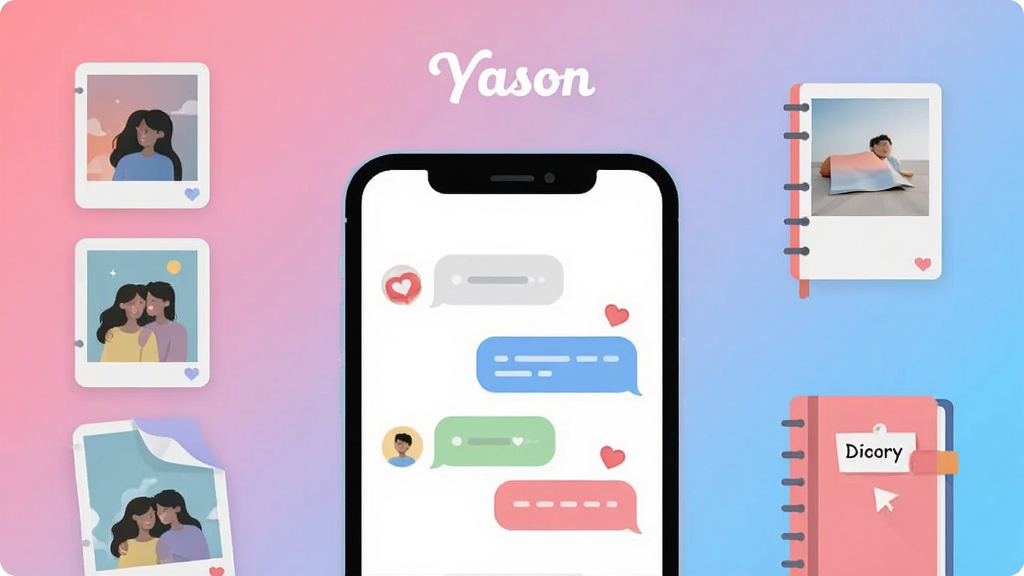 Yason�����������������棬������÷����������ͱ�������������չʾһ���ֻ�ģ�ͣ���Ļ����ʾ���¶Ի����ݺͰ���ͼ�꣬������Yason����logo����Χ���Ʊ�ֽ����ͼ���ռǱ�Ԫ�أ���ƽ����Ʒ�񣬲��ָɾ���࣬ɫ��������ܰ�����廭�ʣ��ɾ��޶���Ԫ��