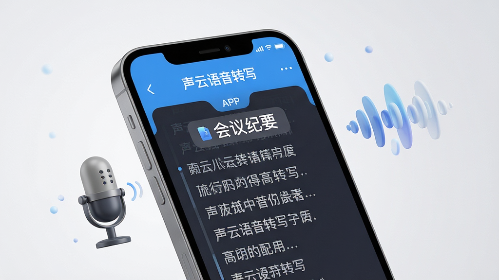 画面主体为一部正在运行声云语音转写app的智能手机,屏幕界面清晰展示着实时滚动的中文文字流,旁边漂浮着麦克风与声波图形元素。整体布局采用居中特写构图,手机微微倾斜,背景为干净的浅灰色渐变,营造出专业高效的科技感。排版上突出手机屏幕上“声云语音转写”的APP名称与下方“会议纪要”字样,风格为现代扁平化结合3D渲染细节,画质高清细腻,光影柔和,整体画面干净无多余元素。
