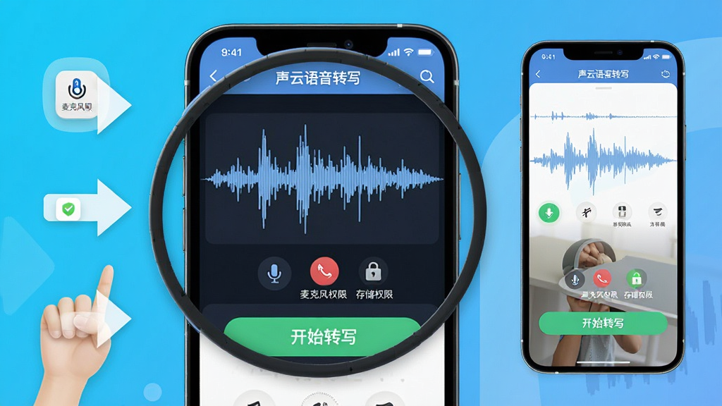 生动形象的步骤演示图,画面主体为手机屏幕放大特写,展示声云语音转写app的录音波形界面与“开始转写”按钮。布局采用分步式排版,左侧为操作手势箭头指示,右侧为界面响应示意图。风格为清爽的UI设计图风格,色彩明亮,细节上标注了“麦克风权限”与“存储权限”图标,画质干净无多余元素,整体给人一目了然的教程感。