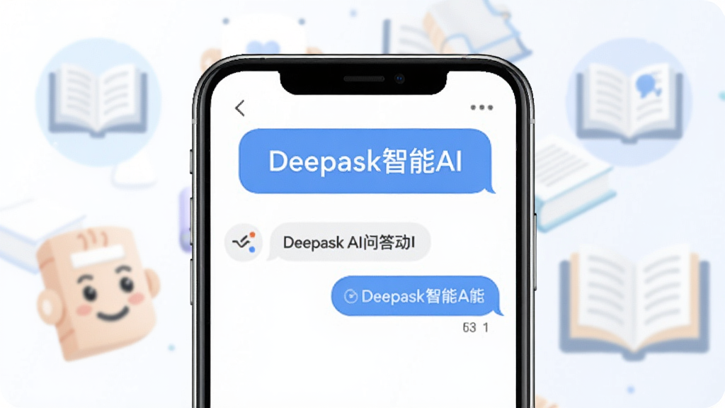 չʾDeepask����AI�ʴ��ܵ��ֻ���ͼ���Ԥ��ͼ��ǰ����һ�������ֻ����棬��Ļ����ʾһ���ʴ�Ի����Ϸ�д�š�Deepask����AI������������͵�֪ʶͼ����鱾Ԫ�أ����־��У�������¼�Լ��ϸ�����������ʸɾ��޶���Ԫ�ء�