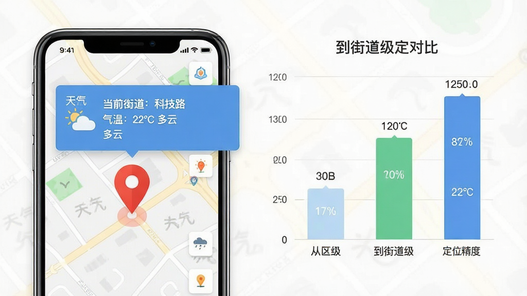 一张天气查询通软件功能展示图,画面左侧是一部放大的手机,屏幕上显示地图定位界面,一个醒目的红色定位图标精准落在某条街道上,并弹出显示“当前街道:科技路 气温:22℃ 多云”的天气卡片,画面右侧以信息图形式展示了从区级到街道级定位精度的对比,设计风格专业清晰,画质干净,无多余元素